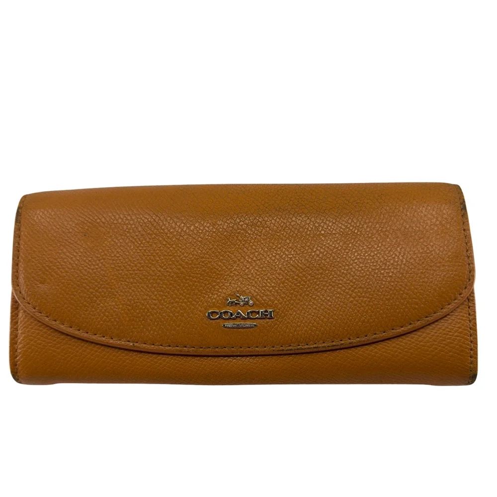 Coach Tan Pebbled Leather Signature Canvas Flap Wallet